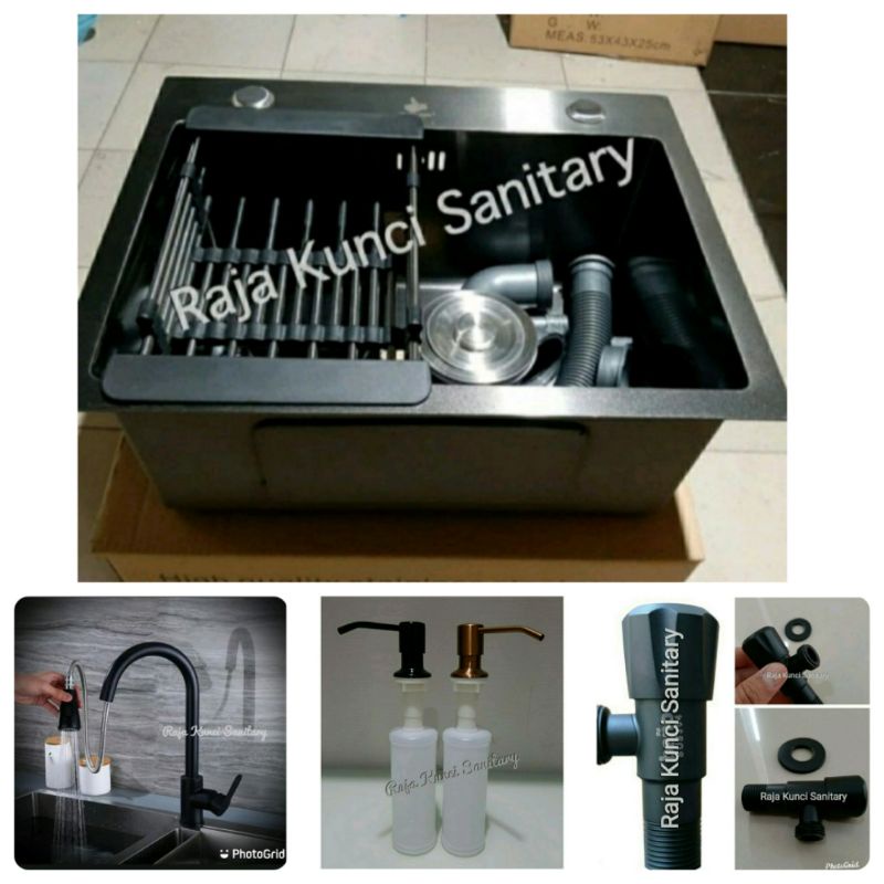 Paket Lengkap Kitchen Sink 5040 Black Onan/Golden Hand+Kran Tarik Panas Dingin Hitam/Black