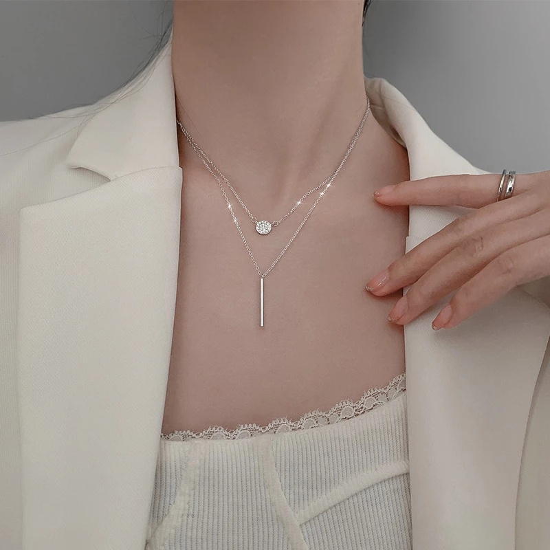 INS Cold Wind Long Strip Pendant Double Necklace/ Round Flash Diamond Clavicle Necklace/ Golden Silver Color Exquisite Alloy Necklace/ Female Simple Temperament Jewelry Accessories