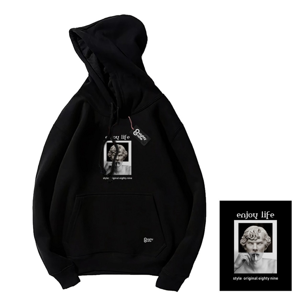 HOODIE BLACK EIGHTNINE SABLON PLASITOL / HOODIE COTTON TEBAL / EIGHTNINE ORIGINAL