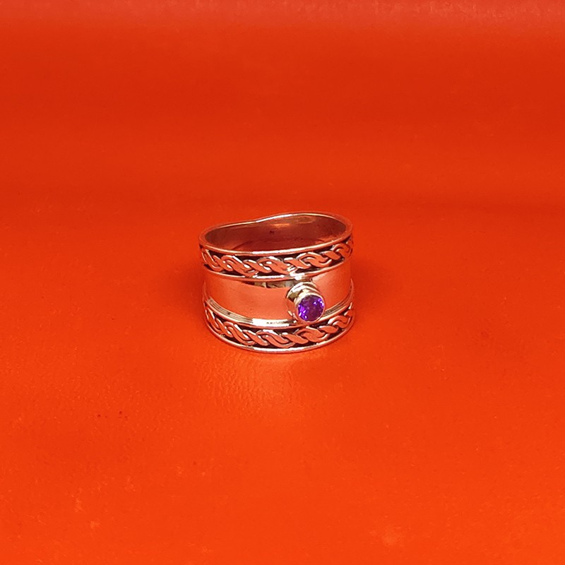 Cincin Ring Perak Silver Bali Asli 925 Lebar Ukir Kepang Batu Kecil Ungu Amethyst Pria Laki Wanita