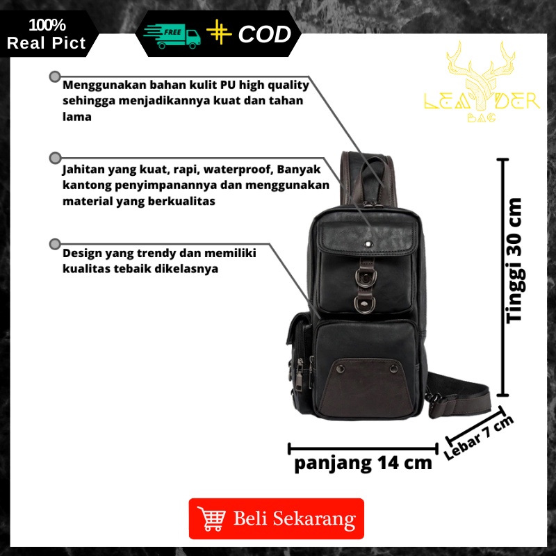 Tas Waist Bag Kulit Pria Original Model Terbaru Warna Hitam Atau Tas Slingbag Selempang Kulit Cowok Distro Import C12 GALAXI