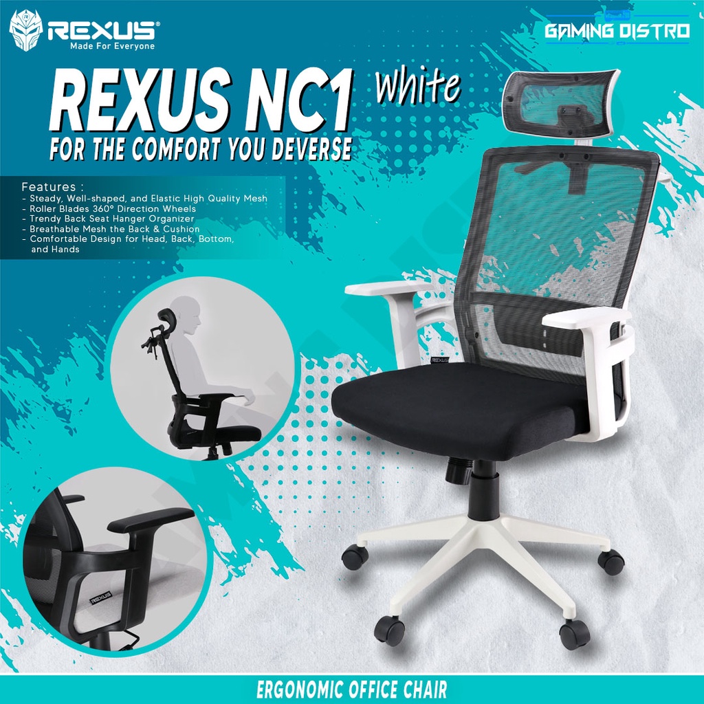 Rexus Ergonomic Office Chair NC1 - Kursi Rexus NC1 White | Kursi Kantor | Kursi Kerja