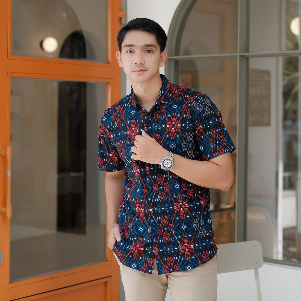 Menfashionhouse KEMEJA BATIK PRIA Hitam Lengan Pendek Motif Songket Cowok Murah Berkualitas