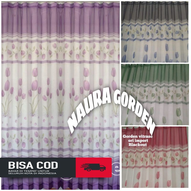 Vitrase Dalaman Gorden Motif bunga tulip Model Cantol Jendela Minimalis panjang 250cm 2 meter Ungu