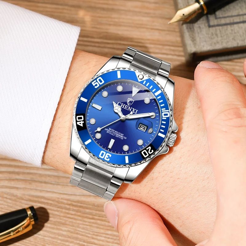 Jam Tangan Pria Mekanik Otomatis Submariner Silver Blue Rotate Bezel Chenxi