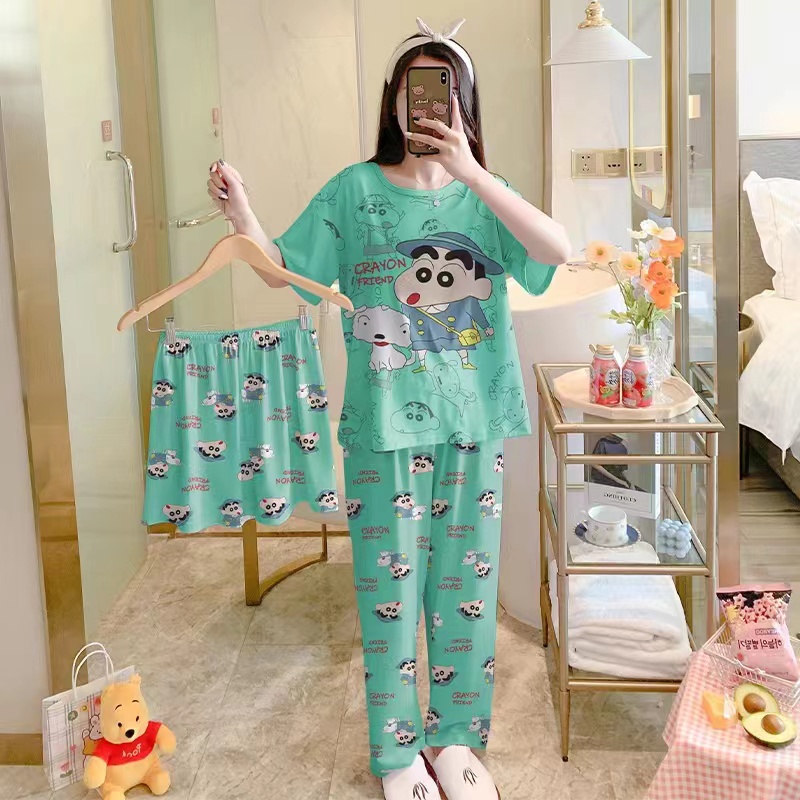 AJW Shop Piyama 3in1 | Piyama Import Dewasa | Setelan Wanita Kekinian | Baju Tidur Wanita Dewasa-Sinchan Green