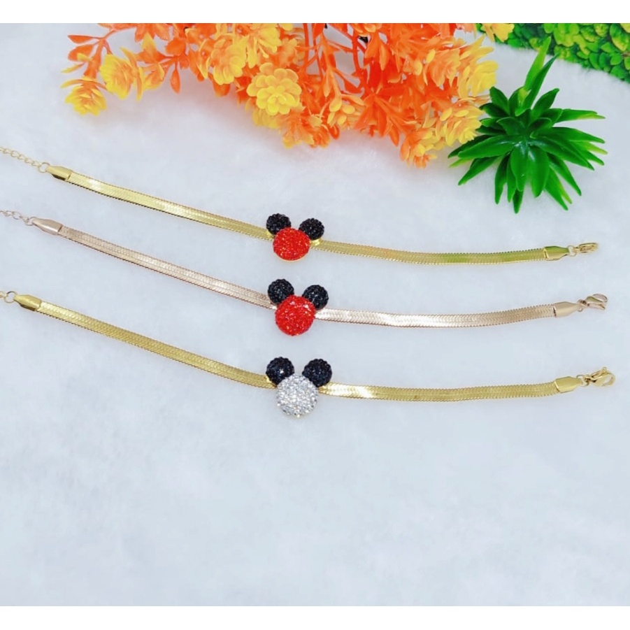 Titanium Gelang Mickey permata putih dan merah perhiasan fashion