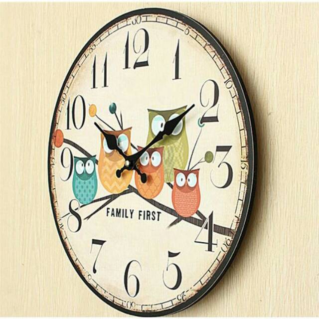 Jam Dinding Bulat Style Eropa 30cm - Owl Wooden