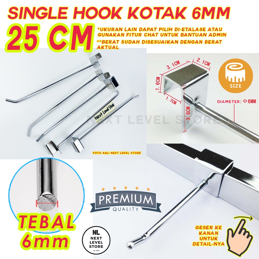 Single Hook Kotak Stainless 25cm 25 cm Cantolan Besi Tebal 6mm Ram Rak - LINK GROSIR