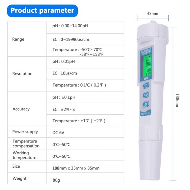 PH + EC + Temp Meter - Waterproof Backlight ATC - 3 in 1 (983)