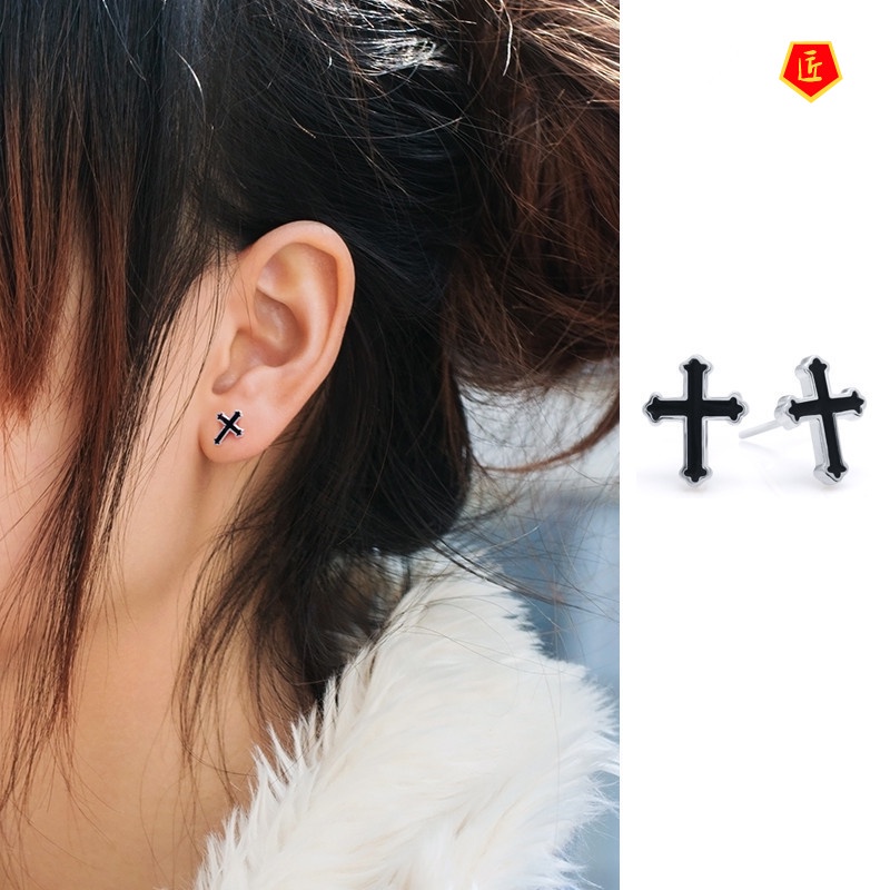 [Ready Stock]Men's Silver Black Cross Stud Earrings