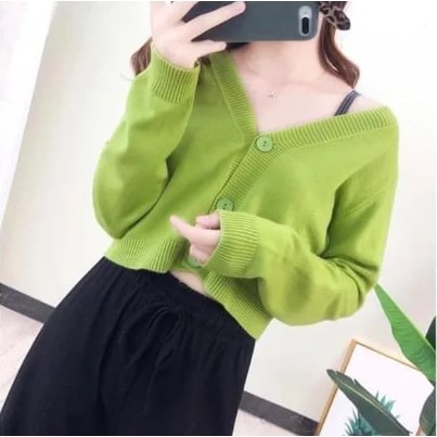 CARDIGAN RAJUT WANITA/CARDIGAN CROP/CROP CARDY/KARDIGAN RAJUT TERBARU/SHELY BUTTON-AVOCADO