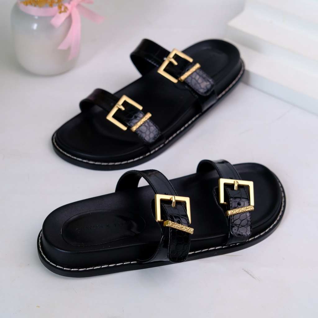 [7.7 Boombastis Sale⚡] - SANDAL WANITA CKS426 CK DOUBLE BUCKLE FLAT SANDAL PREMIUM IMPORT