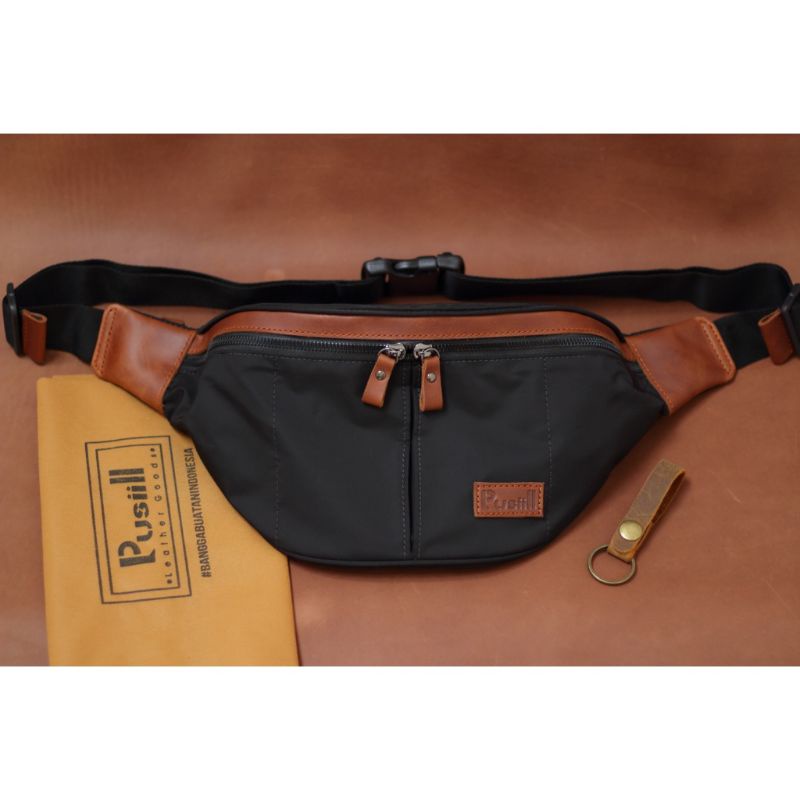 Waistbag/Pusiill EX0.07/Nylon+kulit asli/waistbag/kombinasi/kulit asli/free ganci