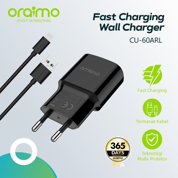 Oraimo Wall Charger Fast Charging dengan Kabel USB Lightning CU-60ARL