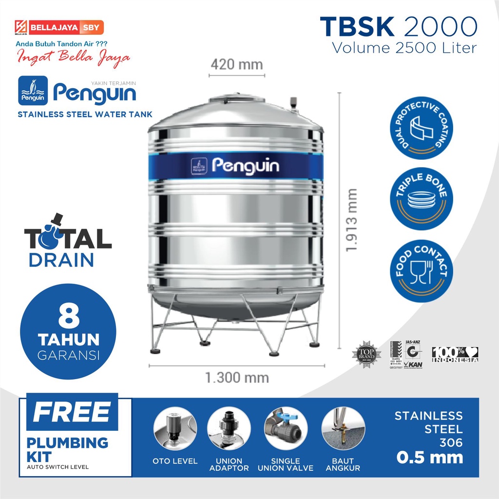 Tandon Air Stainless Penguin TBSK2000 2000 Liter Nota