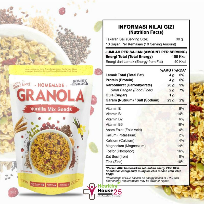 GRANOLA VANILA MIX SEEDS 120g - CEMILAN MAKANAN SEHAT SARAPAN BERGIZI TINGGI NUTRISI BAHAN ORGANIK ALAMI TANPA PENGAWET - HIGH QUALITY - SAVIOR SNACK - GRANOLA  SWEET HONEY