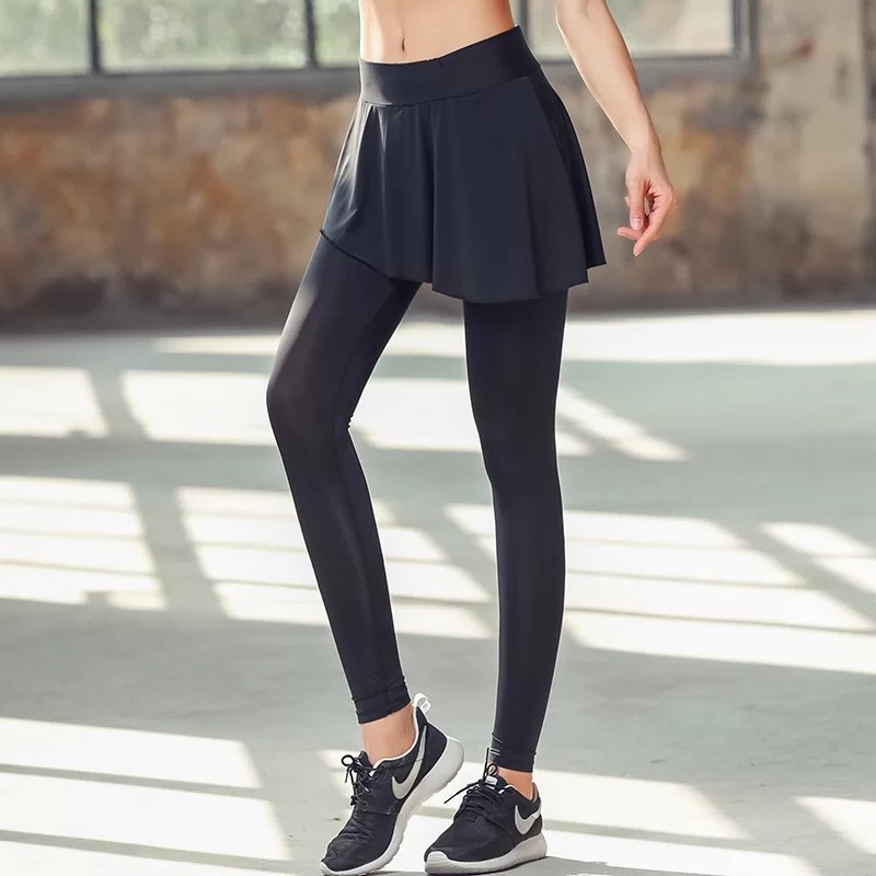 Legging Rok Senam Zumba Balet Yoga / Irreguler Legging Skirt-HITAM POLOS