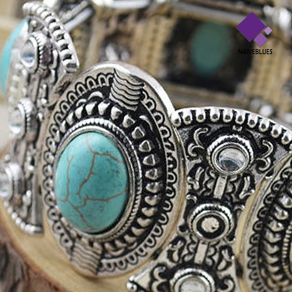 Naiveblue &gt; Gelang Tangan Gaya Retro Tibet Aksen Batu Turquoise Oval Untuk Perhiasan Wanita