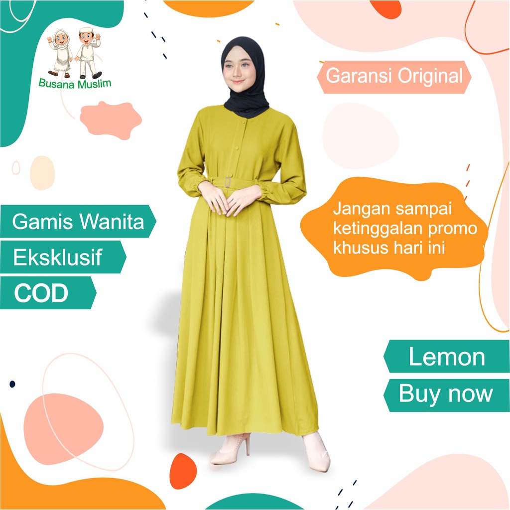 Fashion Baju Gamis Dewasa Wanita Muslim Dress Cantik Kekinian Murah Terbaru 2021 Warna Kuning Lemon