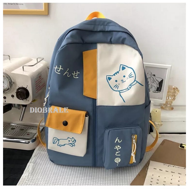 Diobrale - Tas Ransel Anak Remaja Wanita Motif Kucing Karakter Sekolah SD SMP Kekinian Terbaru 2024