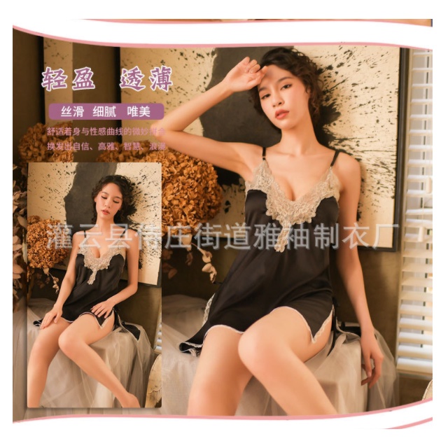 Sexy Adult Female Sexy Lingerie Lace Hollow Temptation Deep V Sling Nightdress Split Lace Embroidery Home Service