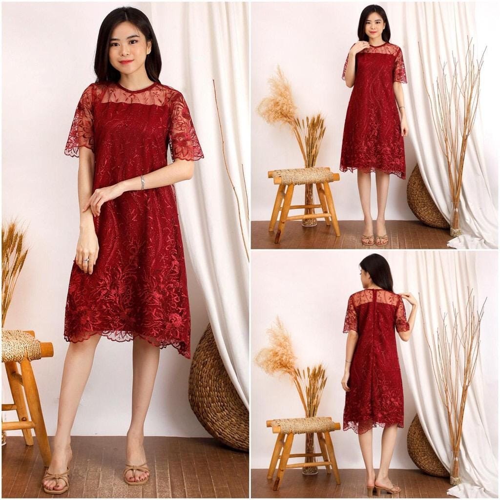 Baju dress brukat natal wanita terbaru 2021 midi dress pesta remaja kondangan party dress modern can