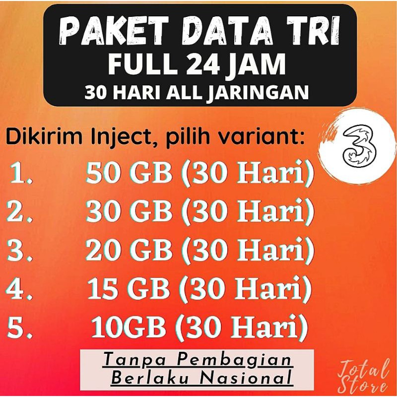 [INJECT] ISI ULANG KUOTA TRI 10GB 15GB 20GB 30GB 50GB ALL JARINGAN FULL TANPA BAGI-BAGI