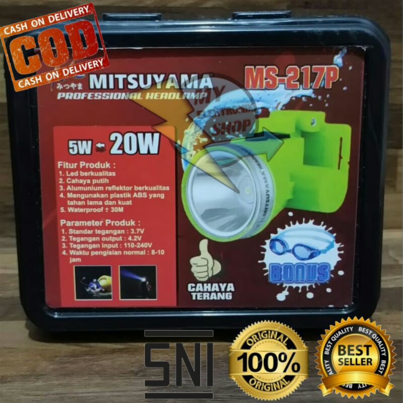 Senter kepala Selam 20Watt LED FREE KACA MATA RENANG Headlamp Diving LED 20 Watt, Senter Kepala LED 20W MITSUYAMA MS-217P/K