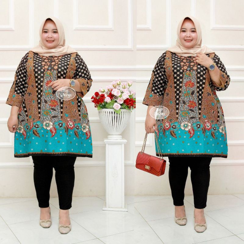 Baju batik tunik atasan wanita super jumbo ld 140 motif daun bunga