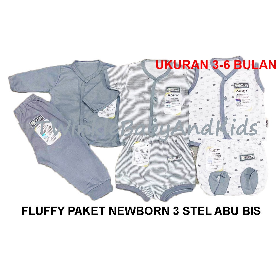 FLUFFY PAKET BAJU NEWBORN 3STEL 0-6 BULAN ABU KHAKI EARTH TONE PIYAMA BAYI PERLENGKAPAN BABY SET NEW