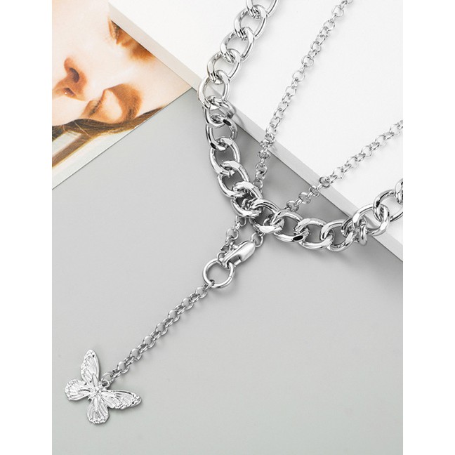 LRC Kalung Fashion Double Thick Chain Butterfly Pendant Necklace P59842