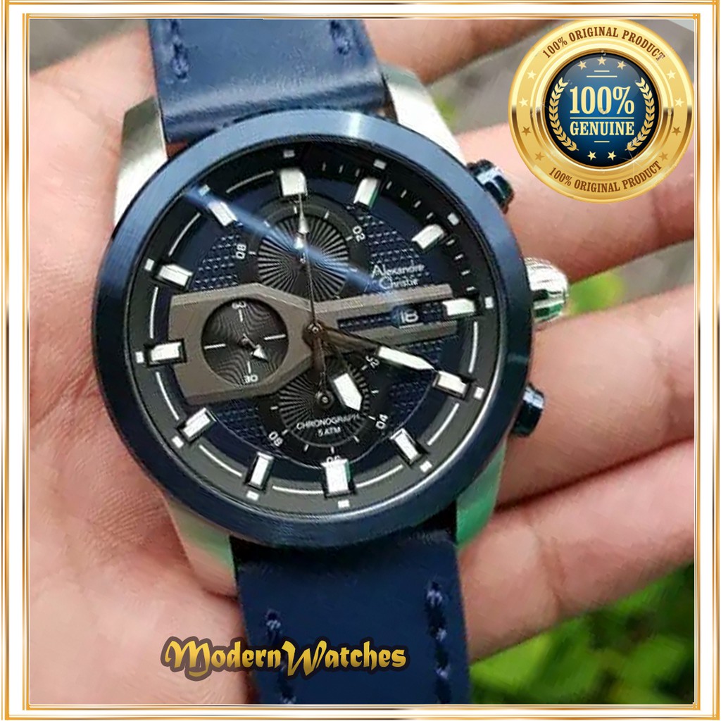 Jam Tangan Pria Ori Alexandre Christie AC 6270 6562 Tali kulit Biru Navy Blue Silver Terlaris Cowok