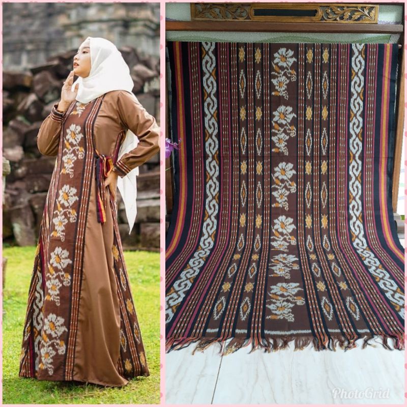 gamis tenun dominan coklat kombinasi toyobo