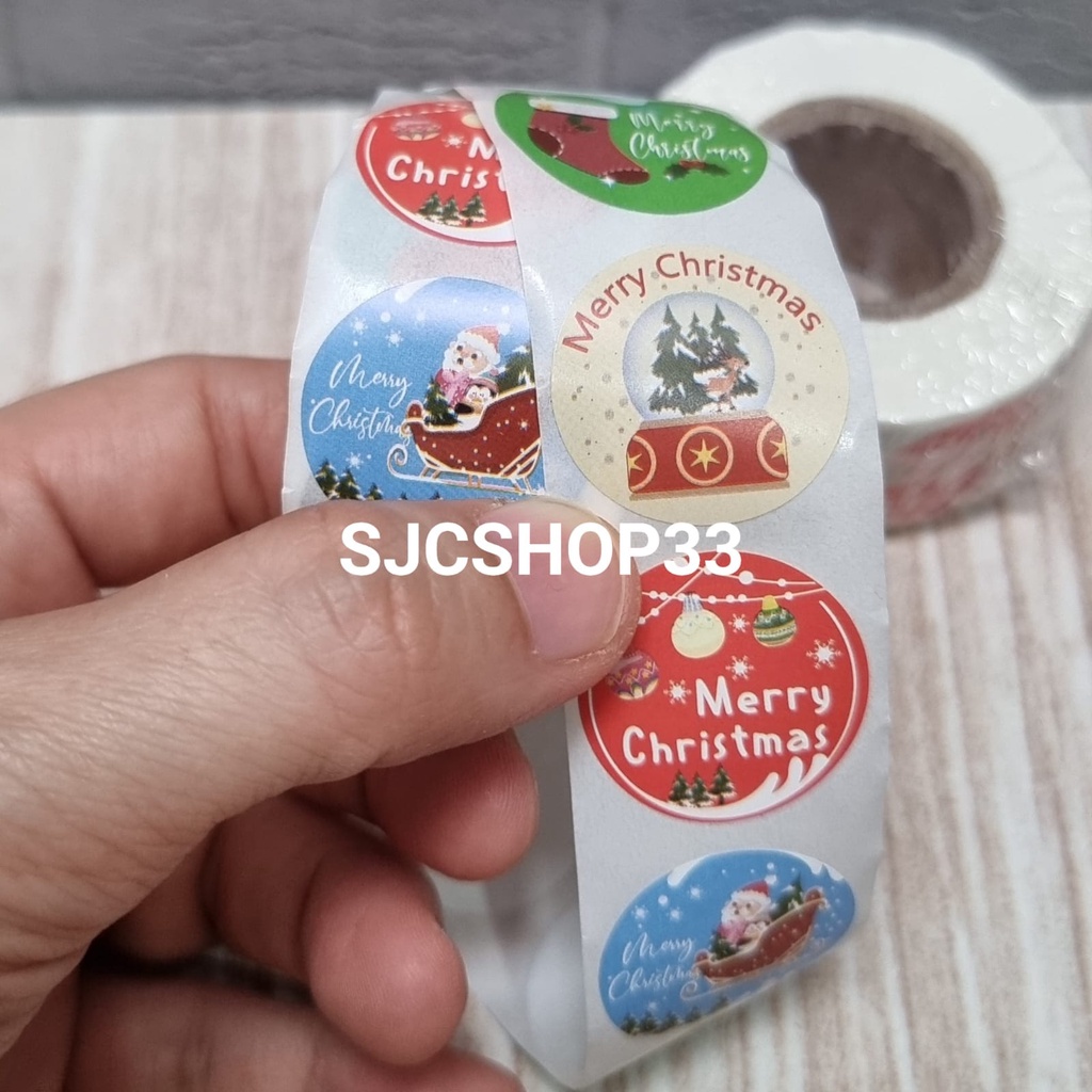 sticker label christmas B / natal mix 1 roll isi 500 pcs