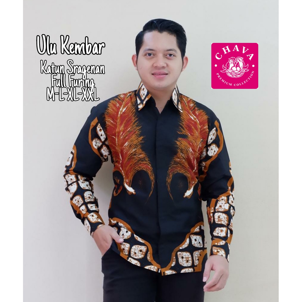 Kemeja Batik Pria Terbaru Batik Warna Hitam Merah Batik Panjang Lapis Furing Bahan Katun ULU KEMBAR