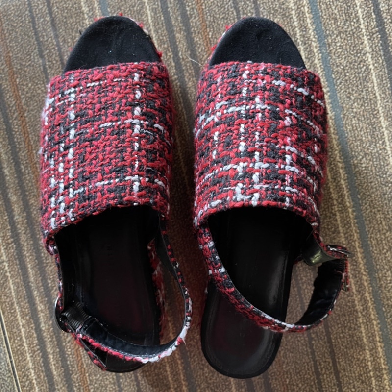 [preloved] Charles & Keith Sandal Platform Tartan Red Wedges Heels CK Cnk Original Store