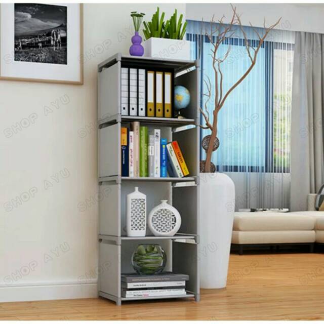 Rak Aluminium Rak Buku 5 Tingkat 4 Susun Portable Lemari Buku Dekorasi Ruangan Rak Berdiri Dinding