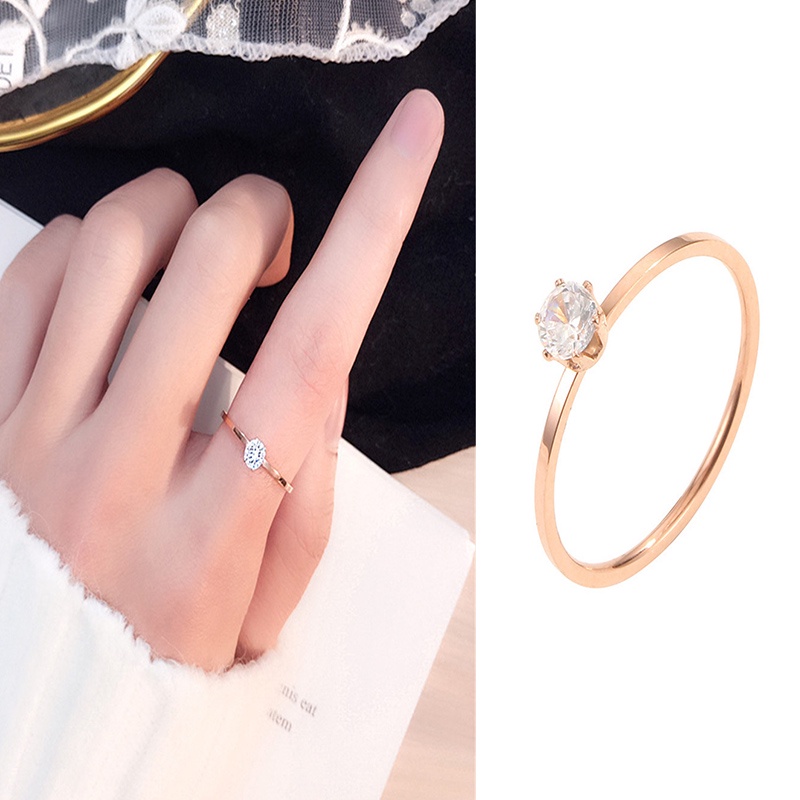 1 pcs Korea Titanium Steel Light Luxury Rose Gold Cincin Tipis Berlian Enam cakar untuk Wanita