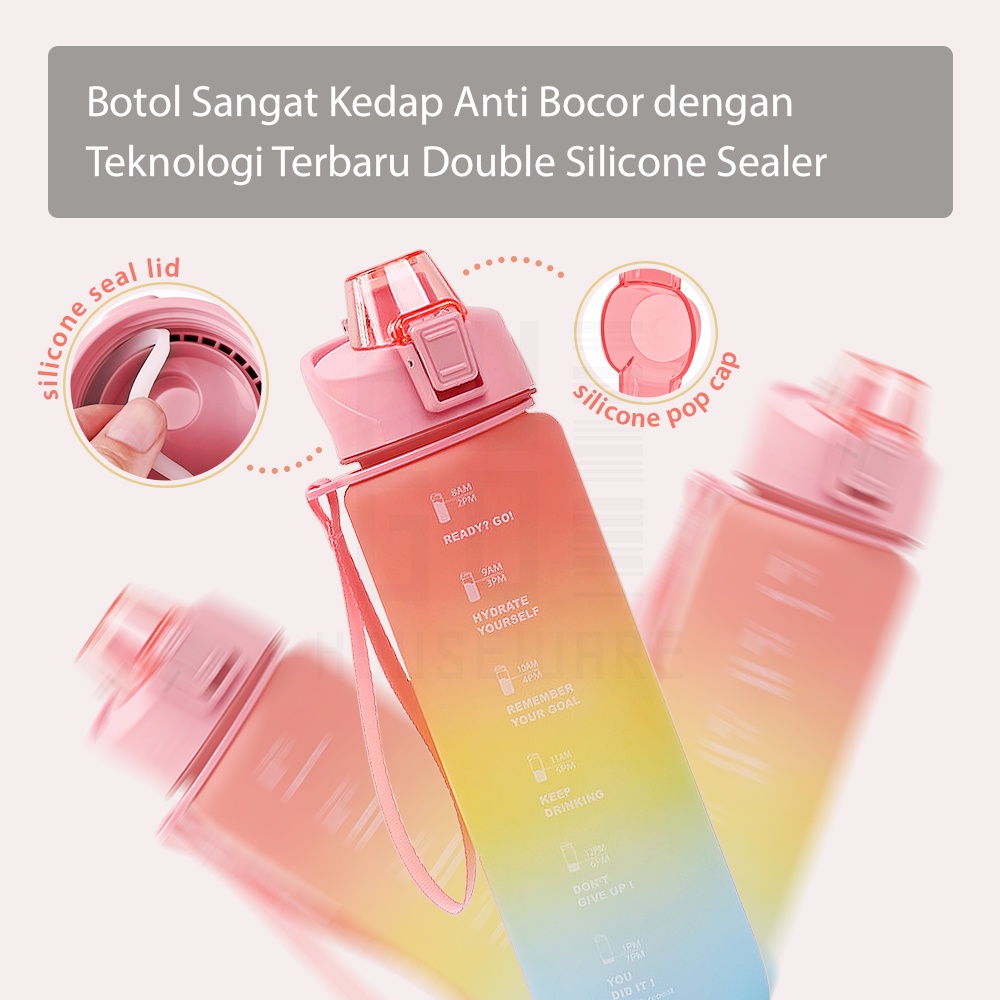 HUGO Botol Minum Motivasi Tutup Flip 1 Liter Rainbow Gratis Stiker