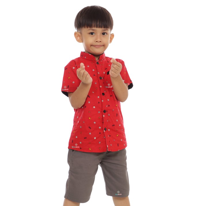 COD BAJU STELAN ANAK LAKI LAKI KEMEJA ANAK WARNA MERAH DAN CINO PENDEK ABU 1-4 TAHUN OSHBOSS-2