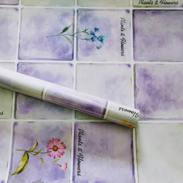 Grosir murah wallpaper stiker dapur ungu motip bunga
