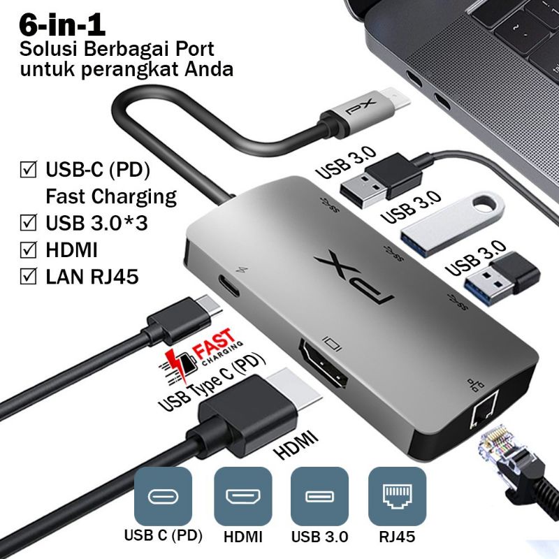 USB 3.1 Type-C 6in1 HDMI, USB 3.0, PD, Gigabit Lan PX UCH16