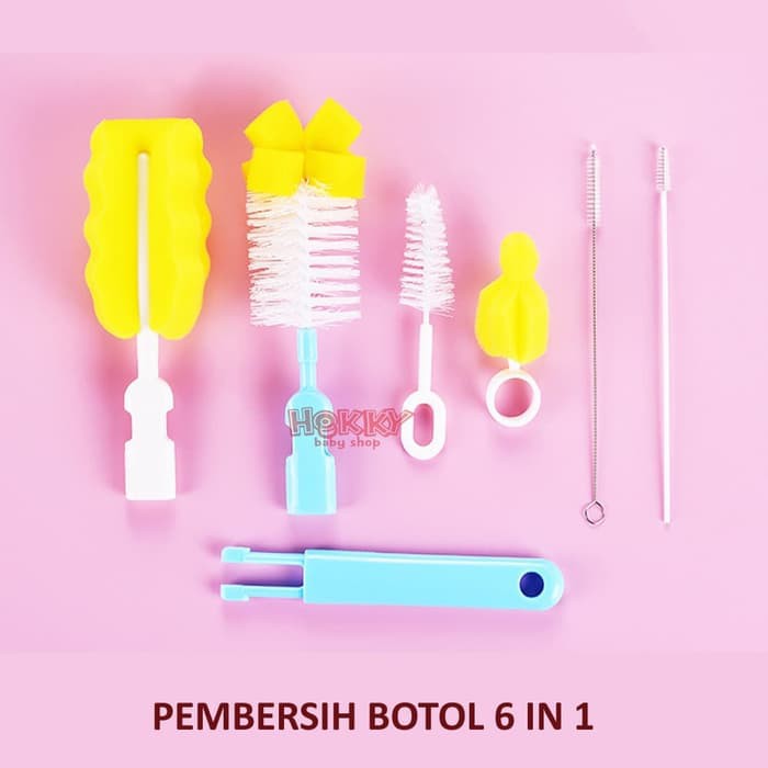 HK Sikat Sponge Pembersih Dot Botol Susu Bayi dan Gelas 6 in 1 / sikat sponge 2 in 1