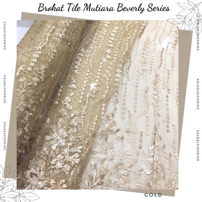 Kain Bahan Kebaya Brokat Tile Tulle Mutiara Beverly Series Warna Gold Keemasan Emas