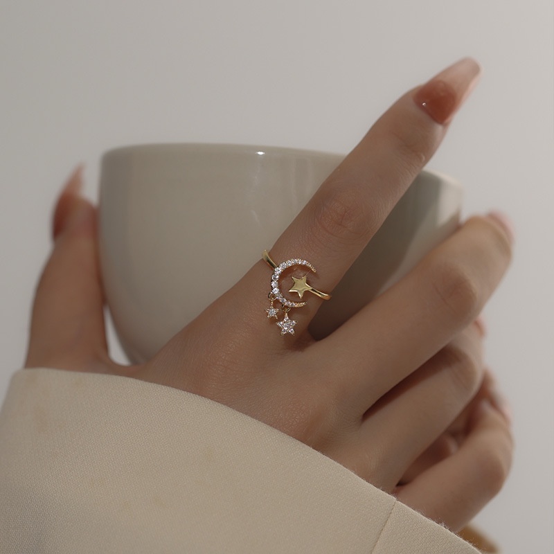 Cincin Lapis Emas 18K Bentuk Bulan Bintang Model Terbuka Dapat Disesuaikan Untuk Wanita