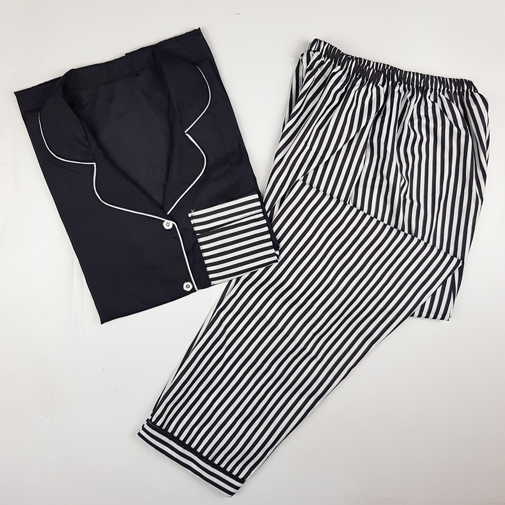 Baju Tidur Piyama Wanita Dewasa Setelan CP Motif Trendy-CPL SALUR BLACK COMB