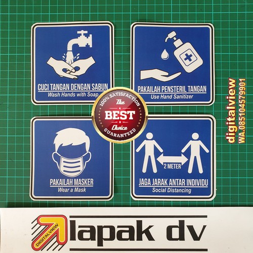 Jual Paket 4 Stiker Protokol Kesehatan Corona Covid 19 Tahan Air10x10cm