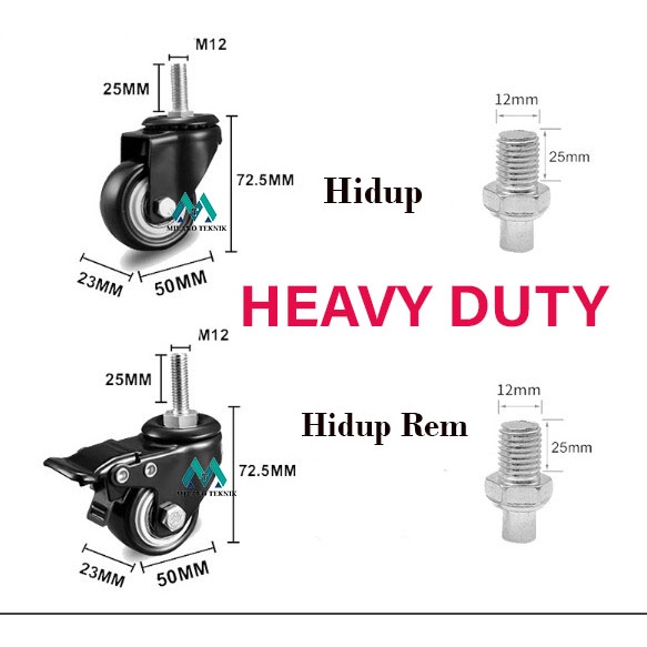 Roda 2 inch PU+MUR Double Bearing HEAVY DUTY (1set: 4pcs) Screw etalase caster Troli 2&quot;