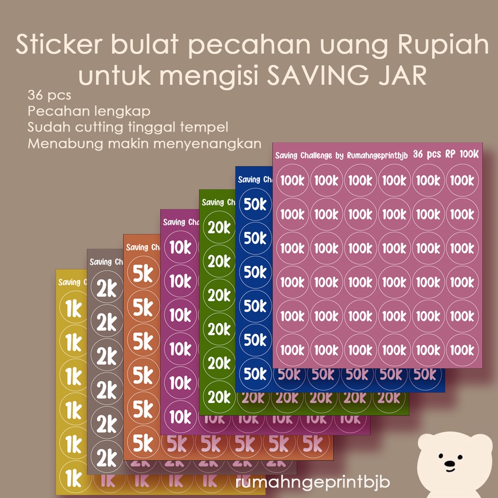 

Stiker bulat pecahan uang Rupiah untuk mengisi SAVING JAR CHALLENGE